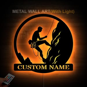 Custom Rock Climber LED Metal Wall Art with Name, Mountain Climbing Wall Sign, Personalized Adventure Gift, Climbing Gym Decor for Him