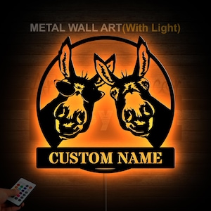 Custom Funny Donkey LED Metal Wall Art with Name, Two Donkey Farmhouse Sign, Personalized Farm Decor, Animal Lover Gift, Rustic Wall Sign