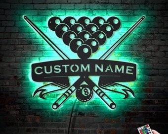 LED Light Up Billiards Metal Wall Art with Snooker Player Name - Personalized Home Decor and Pool Ball Decoration - Ideal for Man Cave, Game