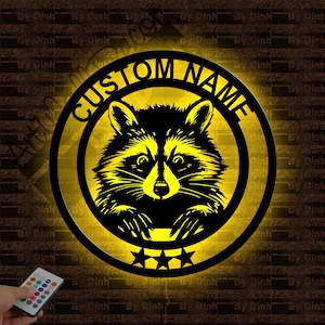 Custom Raccoon Metal Sign LED Light, Raccoon Metal Wall Art, Raccoon Wall Hanging Decor, Raccoon Lover Gift, Raccoon Name Sign