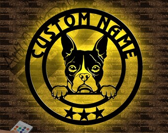 Gepersonaliseerde metalen wanddecoratie Boston Terrier led-verlichting, metalen bord Boston Terrier, bord hondnaam, cadeau huisdierliefhebber