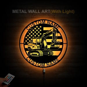 Personalized US Excavator Metal Sign LED Lights Excavator Metal Wall Art Excavator Name Sign Excavator Wall Decor Excavator Gift