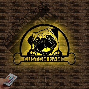 Personalized Pug Metal Wall Art LED Light, Custom Pug Metal Sign, Dog House Sign, Funny Dog Metal Wall Decor