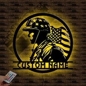 Personalized American Soldier Metal Sign LED Light, Military Metal Wall Art, US Army Led Sign, Army Wall Decor
