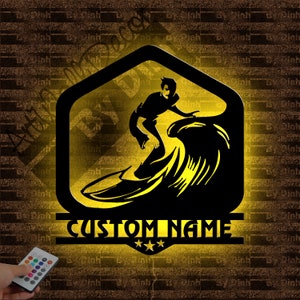 Personalized Surfing Metal Wall Art LED Light, Custom Surfing Metal Sign, Surfing Wall Decor, Metal Surfing