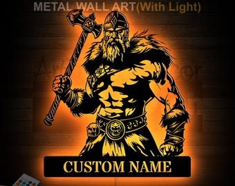 Custom Viking Warrior LED Metal Wall Art, Norse Warrior Wall Sign, Personalized Nordic Decor, Man Cave Viking Gift, Ancient Fighter Sign