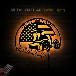 Panneau personnalisé en métal pour moissonneuse-batteuse américaine, lumière LED, moissonneuse-batteuse, art mural en métal pour ferme, nom de tracteur agricole, panneau mural pour moissonneuse-batteuse, décoration murale