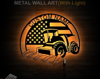 Personalized US Harvester Metal Sign LED Light Harvester Farm Metal Wall Art Farm Tractor Name Sign Combine Harvester Wall Home Decor