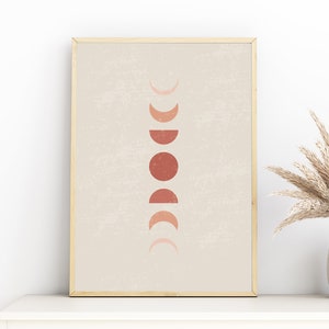 Fasi lunari astratte stampabili, stampa artistica di luna crescente boho, stampa artistica di fasi lunari, stampa artistica astratta di metà secolo in terracotta