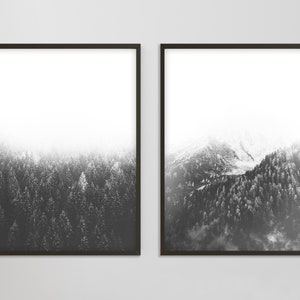 Forest Print, Set of 2 Forest Landscape Art, Nature Printable, Black and White Forest Print, Nordic Misty Foggy Mountain, Modern Art