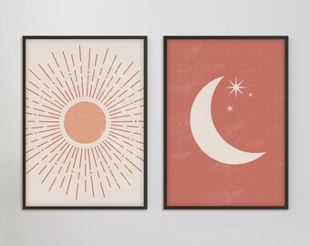 Set of 2 Prints, Boho Sun and Moon Print Set of 2, Abstract Landscape, Neutral Printable, Modern Minimal Wall Art, DIGITAL DOWNLOAD PRINTS