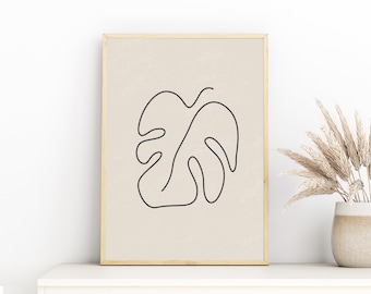 Neutral Botanical Printable, Printable Wall Art, Neutral Boho Art Print, Leaf Line Art, Minimal Plant Print, Line Drawing, Modern Wall Art