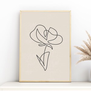 Abstract Flower Art Print, Printable Wall Art, Boho Minimal Flower Wall Art, Natural Beige Botanical Wall Decor, Line Drawing Illustration
