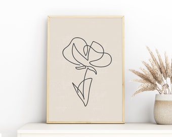 Abstract Flower Art Print, Printable Wall Art, Boho Minimal Flower Wall Art, Natural Beige Botanical Wall Decor, Line Drawing Illustration