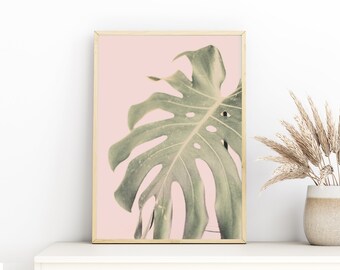 Monstera Print, Tropical Leaf Photo, Pink Tropical Art, Coastal Wall Art, Tropical Plant Decor, Poster, Boho Beach Print, Printable Wall Art