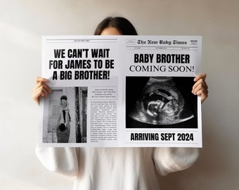 Op de afbeelding: Een zwart-witte krantenadvertentie met de kop "We kunnen niet wachten tot James een grote broer wordt!" en een foto van een jonge jongen die door een man wordt vastgehouden. De rechterkant van de krant heeft de kop "The New Baby Times: Babybroer komt eraan!" met een echografiebeeld en de tekst "Aankomst september 2024."