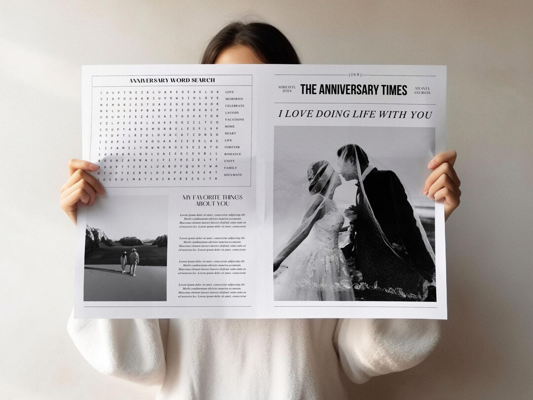 Wedding Anniversary Newspaper Template, 1 Year Anniversary Gift