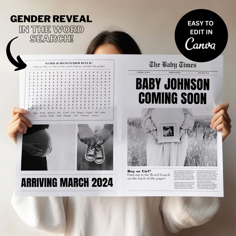 Large Newspaper Baby Announcement, Canva Newspaper Pregnancy Announcement, Pregnancy
