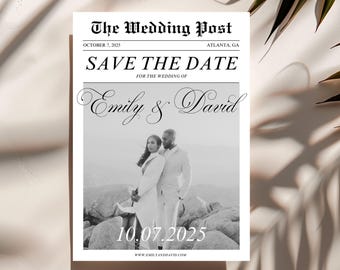 Zeitung Hochzeit Save the Date Vorlage, Schreibschrift (Canva, Printable)