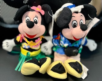 CLEARANCE - Vintage Disney Minnie Mouse and Mickey Mouse on Vacation Beanbag Plush - Set of Two