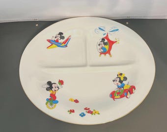 Vintage Disney Sango Ceramic Divided Plate, Mickey and Minnie Mouse
