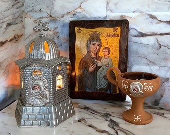 Home decor Wooden byzantine icon Metallic Church oil lamp Ceramic incense Gift for home