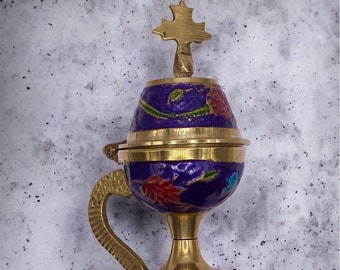 Christian brass, Orthodox censer from brass, Greek thimiato, religious decor. incense burner, made in Greece