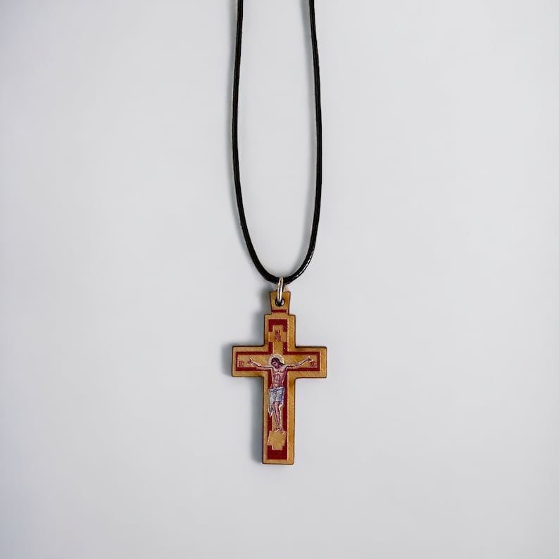 Collier croix en bois Collier unisexe Cadeau religieux Collier de prière Avec Jésus-Christ Collier avec cordon réglable Croix peinte image 1