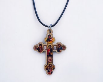 Painted Wooden cross necklace with adjustable cord Religious necklace Christian necklace