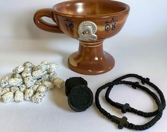 Christian packet, Ceramic incense, Coals, 50gr blessed incense myrrh, Blessed komboskini, All products from Greece