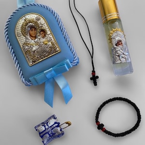 Religious packet for kids Komboskini Silver icon Greek orthodox filakto Necklace cross Myrrh oil