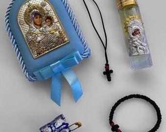 Religious packet for kids Komboskini Silver icon Greek orthodox filakto Necklace cross Myrrh oil