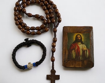 Paquete religioso para hombres 33 nudos komboskini bendito Icono de madera para coche Rosario de madera