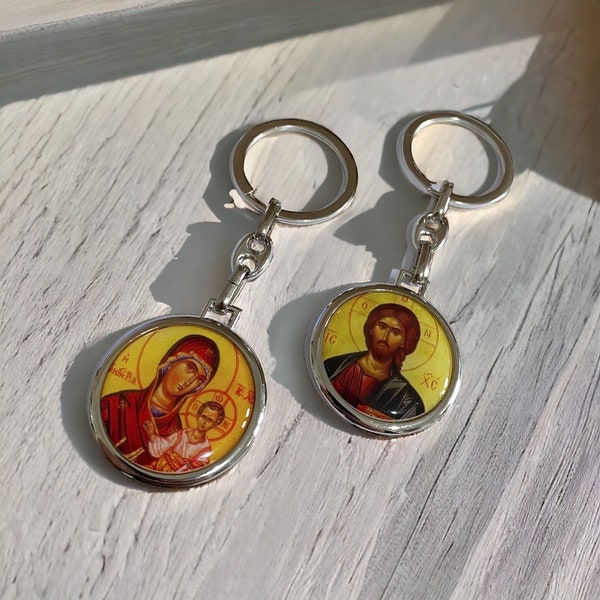Religious keychain with Virgin and Jesus Christ,  Protection Charm keychain, Christian gift, Religious gift