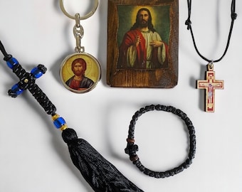 Gift for men Religious gift for men Komboski Pendant for car Byzantine wooden icon Religious keychain Cross necklace