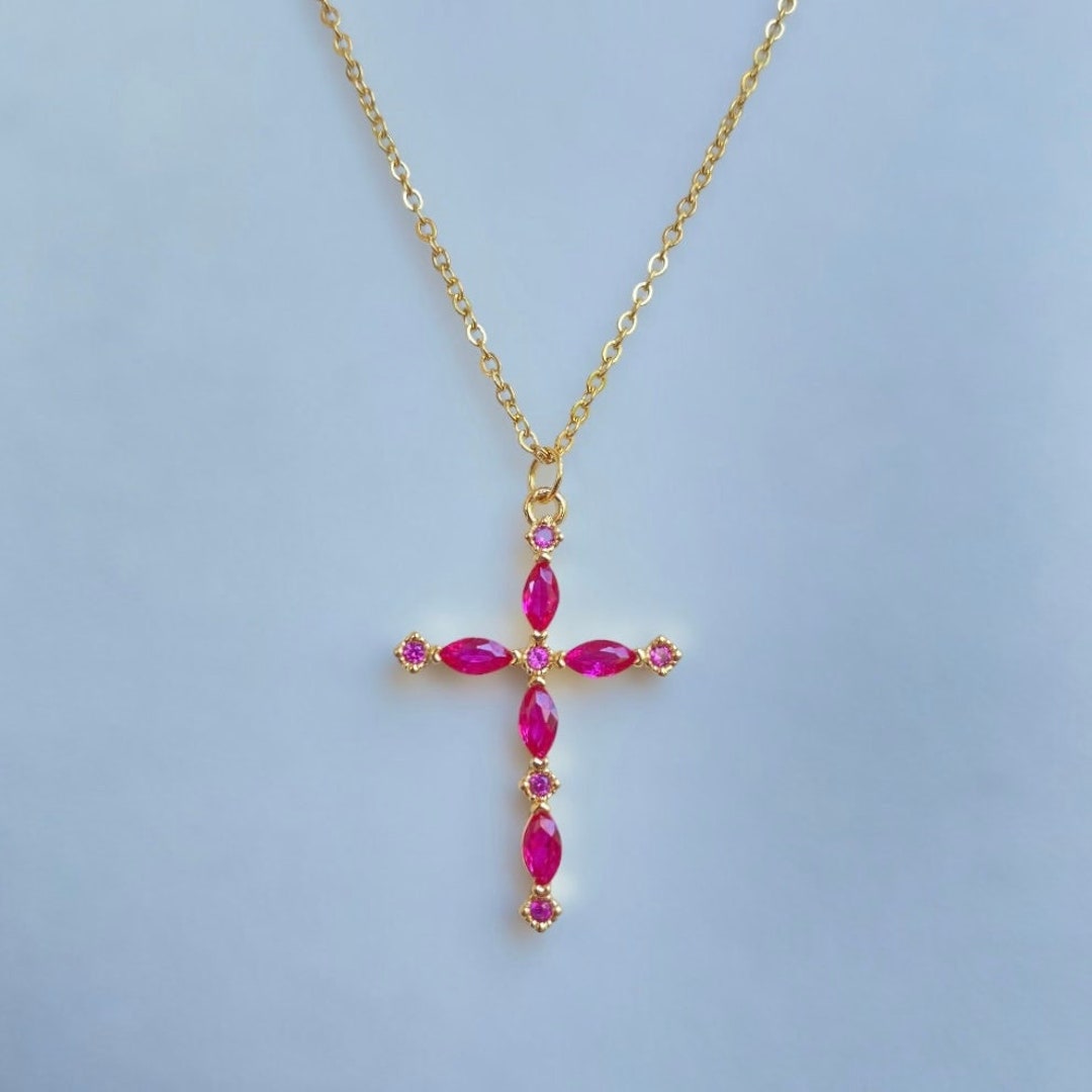 Religious Ruby Ruby Cross Necklace for Women Unique Pendant for Women Religious Gift ...