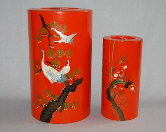 Two vintage hand-painted tea tins Japan crane motif red 60s