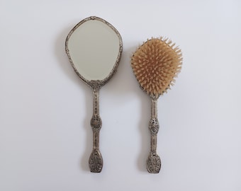 Antique hand mirror and hairbrush hairdressing set metal silver-plated Made in England 1930s