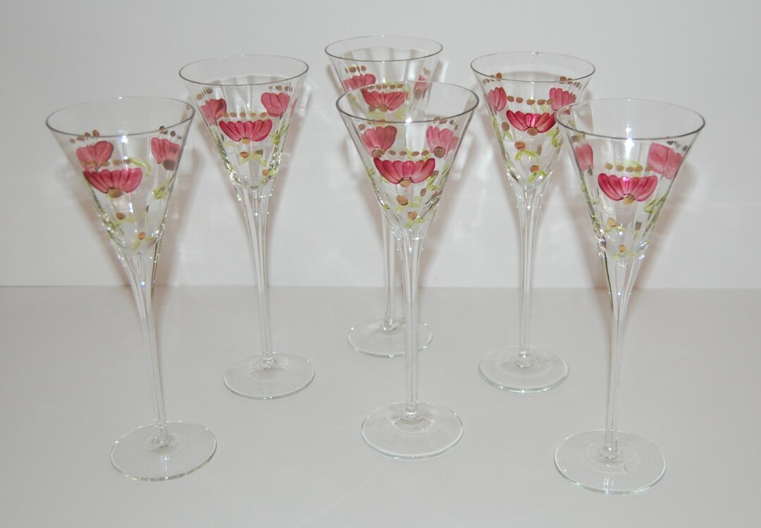6 Champagne Glasses Art Nouveau Theresienthal Handpainted Flowers Etsy