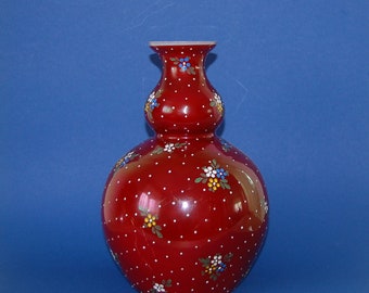 Blumenvase Antik rote Eosinglasur Glas opak weiss handbemalt Blüten