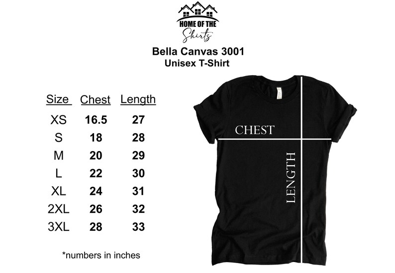 May include: Size chart for a Bella Canvas 3001 unisex t-shirt. The chart shows the chest and length measurements in inches for sizes XS to 3XL.