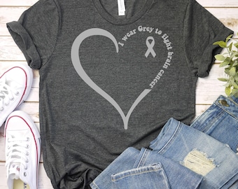 I Wear Grey To Fight Brain Cancer-Brain Cancer Shirt,Brain Tumor Awareness Shirt,Brain Cancer Support,Brain Cancer Warrior,Grey Ribbon Shirt
