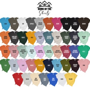 May include: A chart of 36 different colored t-shirts with the text "Home of the Shirts" at the top.