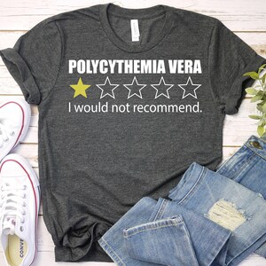 May include: A dark gray t-shirt with the text "POLYCYTHEMIA VERA" and a one-star rating. The text "I would not recommend." is below the rating.