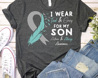 Asthma And Allergy Awareness Shirt,Asthma And Allergy Awareness Support Son Shirt,Asthma & Allergy Warrior Shirt, Grey And Teal Ribbon Shirt