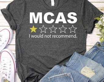 Puede incluir: Una camiseta gris oscura con el texto "MCAS" en blanco y una calificación de una estrella. El texto "No lo recomendaría." está debajo de la calificación.