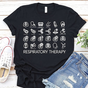 May include: Black t-shirt with a white graphic of respiratory therapy icons and the text "RESPIRATORY THERAPY".