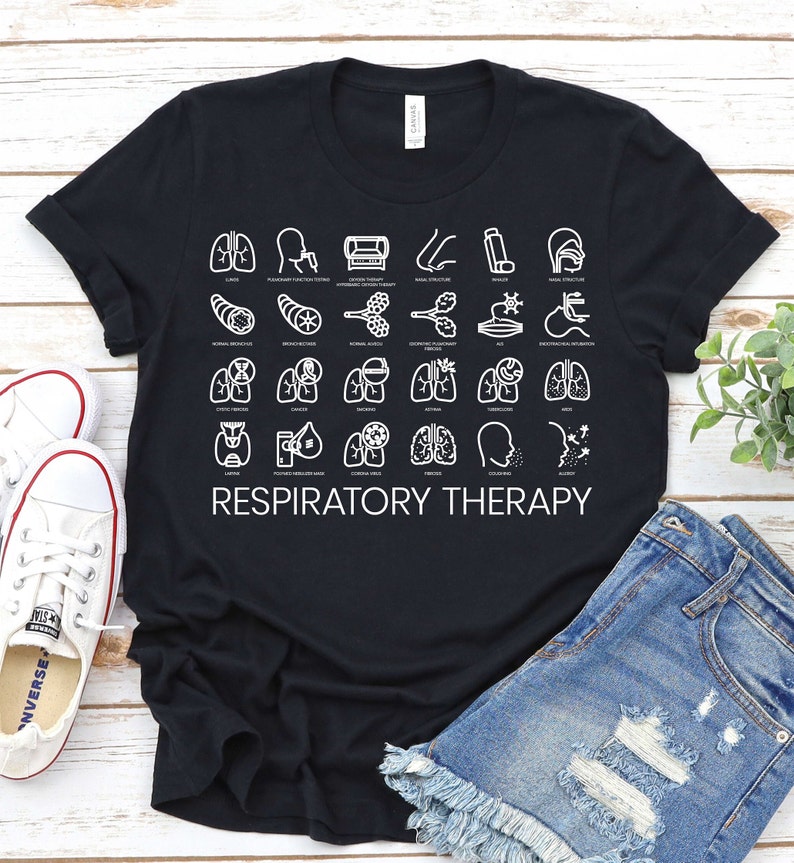 May include: Black t-shirt with a white graphic of respiratory therapy icons and the text "RESPIRATORY THERAPY".