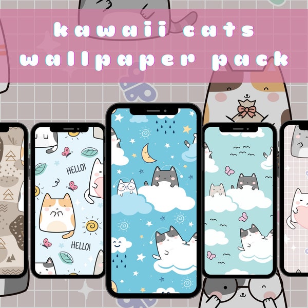 Kawaii Cat Phone Wallpaper | Cute CatS Digital Art Background, Anime Aesthetic Phone BG, Kidcore Art, Set of 5, INSTANT DOWNLOAD