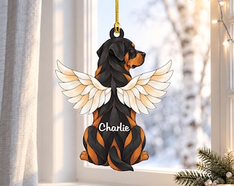 Rottweiler Angel Wings Faux Stained Glass Acrylic Ornament, Personalized Dog Christmas Ornament, Custom Rottie Memorial Gift, Pet Loss Gift